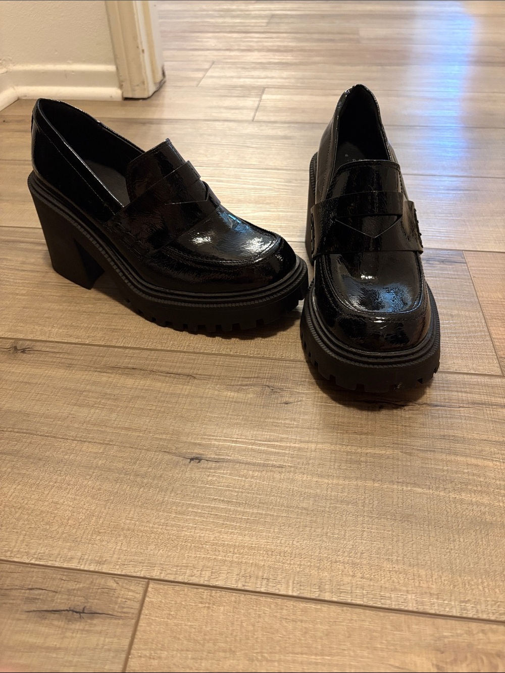 Chunky Platform Loafer Heels - Black Patent- A New Day